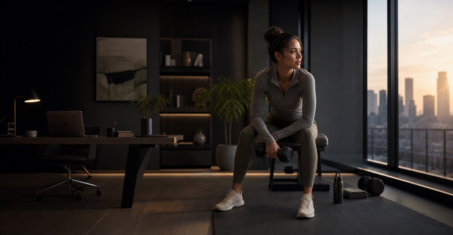 A woman taking a quiet moment between work and a workout in a sunlit room